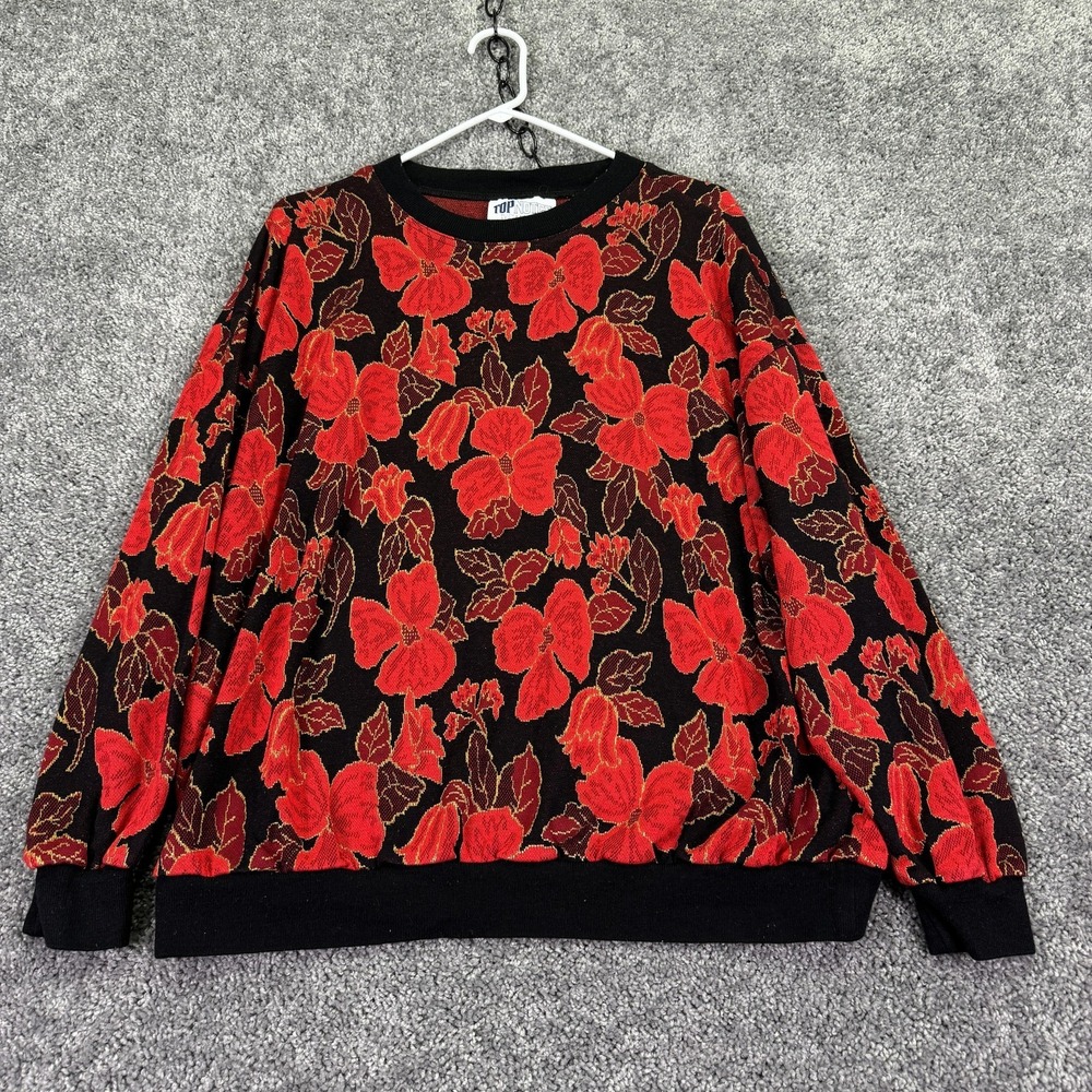 Vintage Top Notch Sweater Womens Medium 2X Red Floral Knit Pullover USA Casual